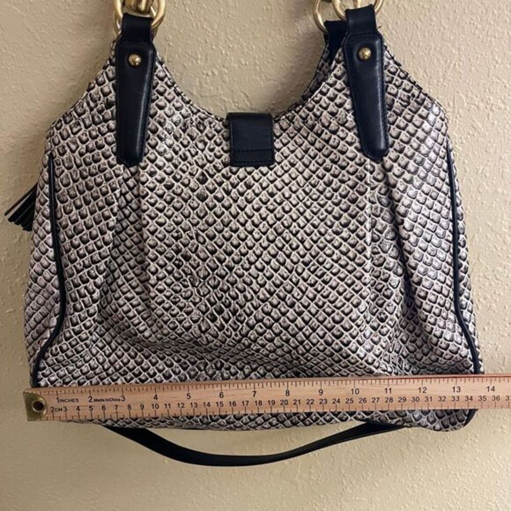 Brahmin Elisa Snake Lizard Print Black White Gold Lock Tassel Hobo Shoulder Bag - Picture 4 of 10